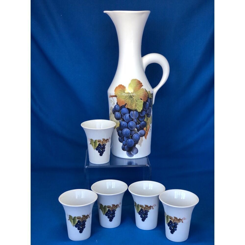 Vintage Naaman Israel Porcelain Grapes Decanter Pitcher & 5 Cups 6pc